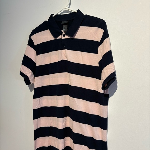 H&M Men’s Polo Shirt Medium – Pink & Navy Blue Striped Short Sleeve Rugby Style - Picture 6 of 8